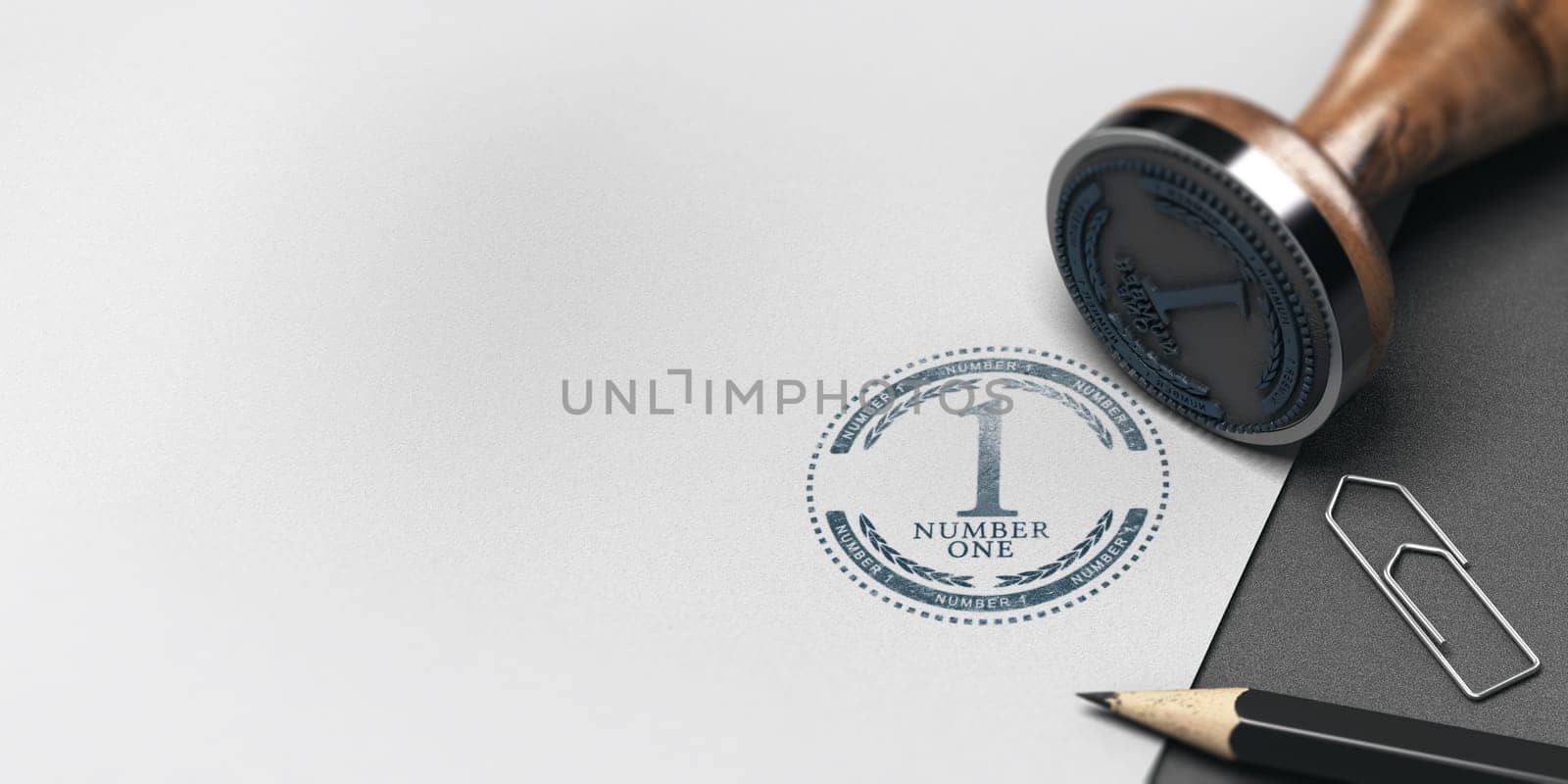 3D illustration of an office table with paper sheet and rubber stamp with the text number one. Advertising and Communication concept.