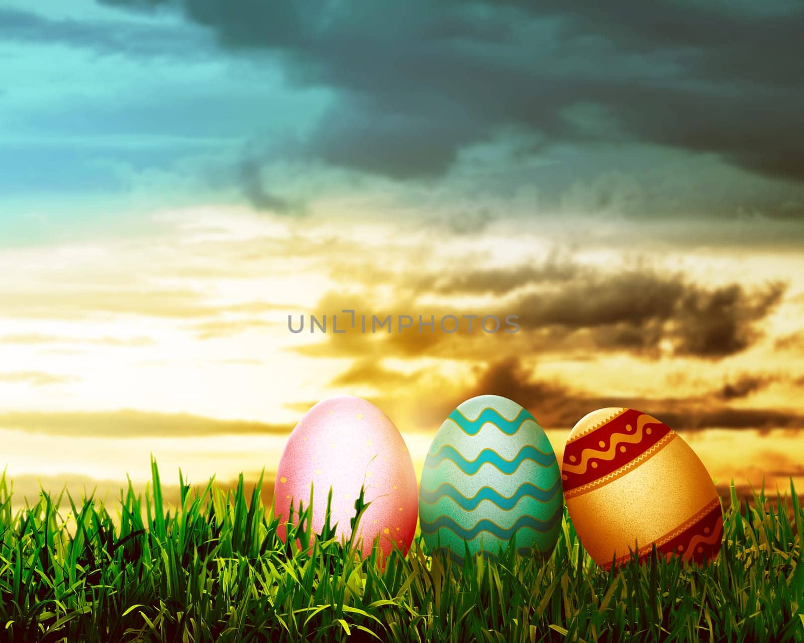 Decorated egg on the grass. Happy easter concept
