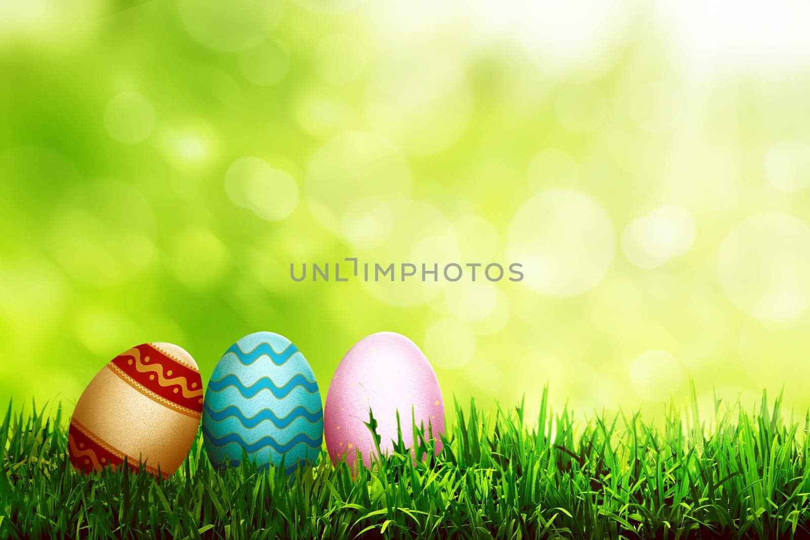 Decorated egg on the grass. Happy easter concept