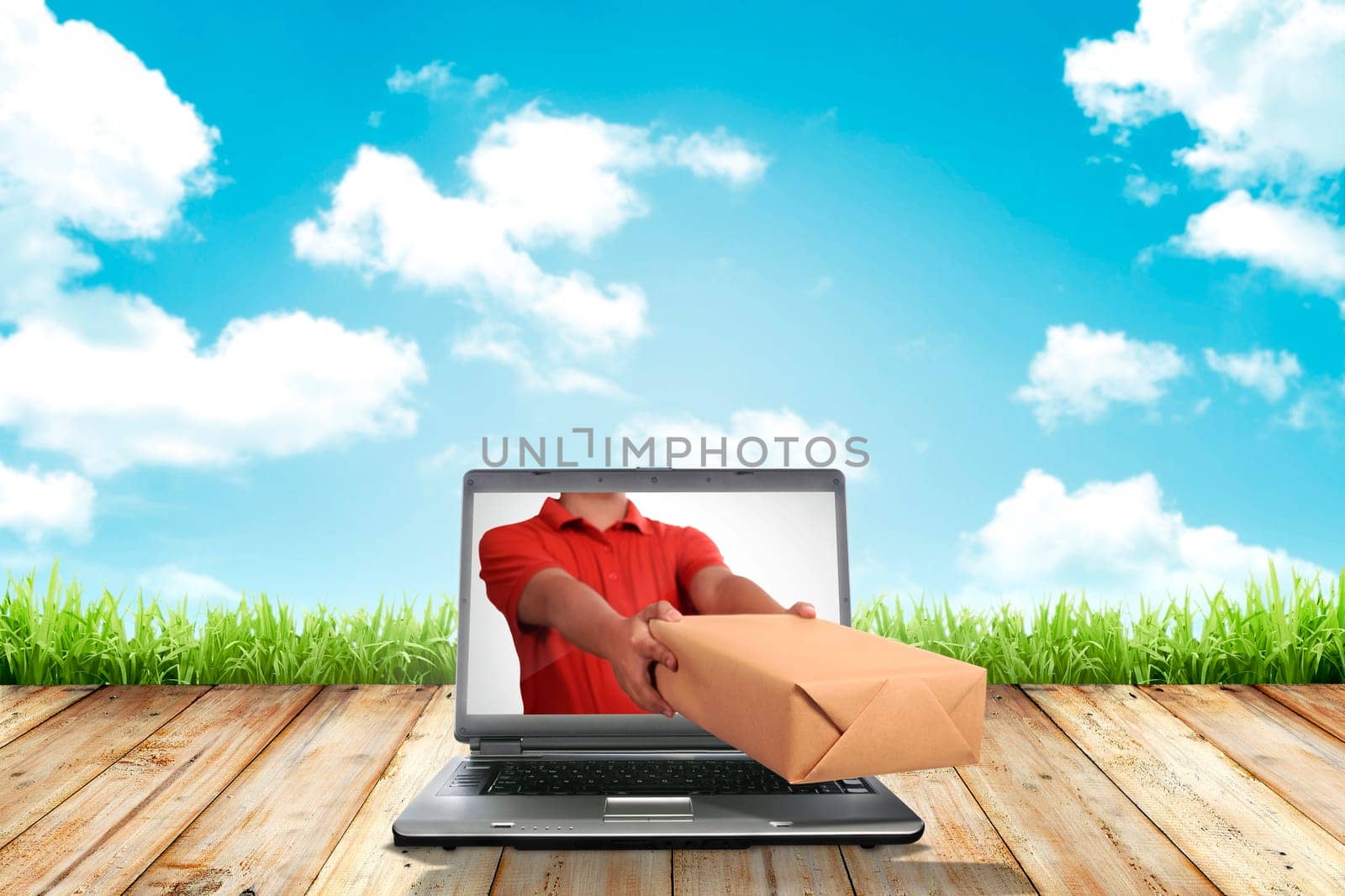 Hand giving a box out of laptop screen. Online shopping concept