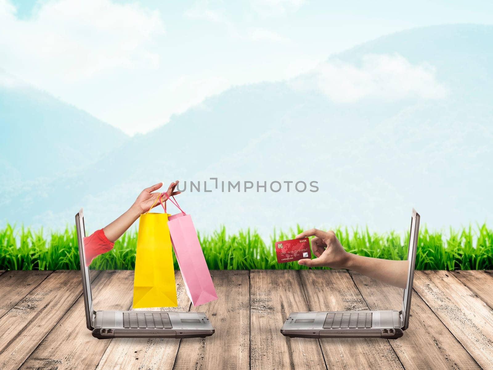 Hand out from computer carry shopping bag, the other show credit card. Online shopping conceptual