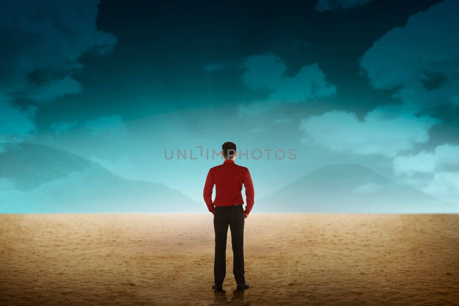 Back view of business person standing on the desert