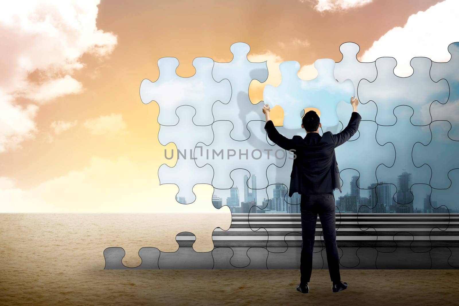 Business person building puzzle of city in the desert. Business building concept