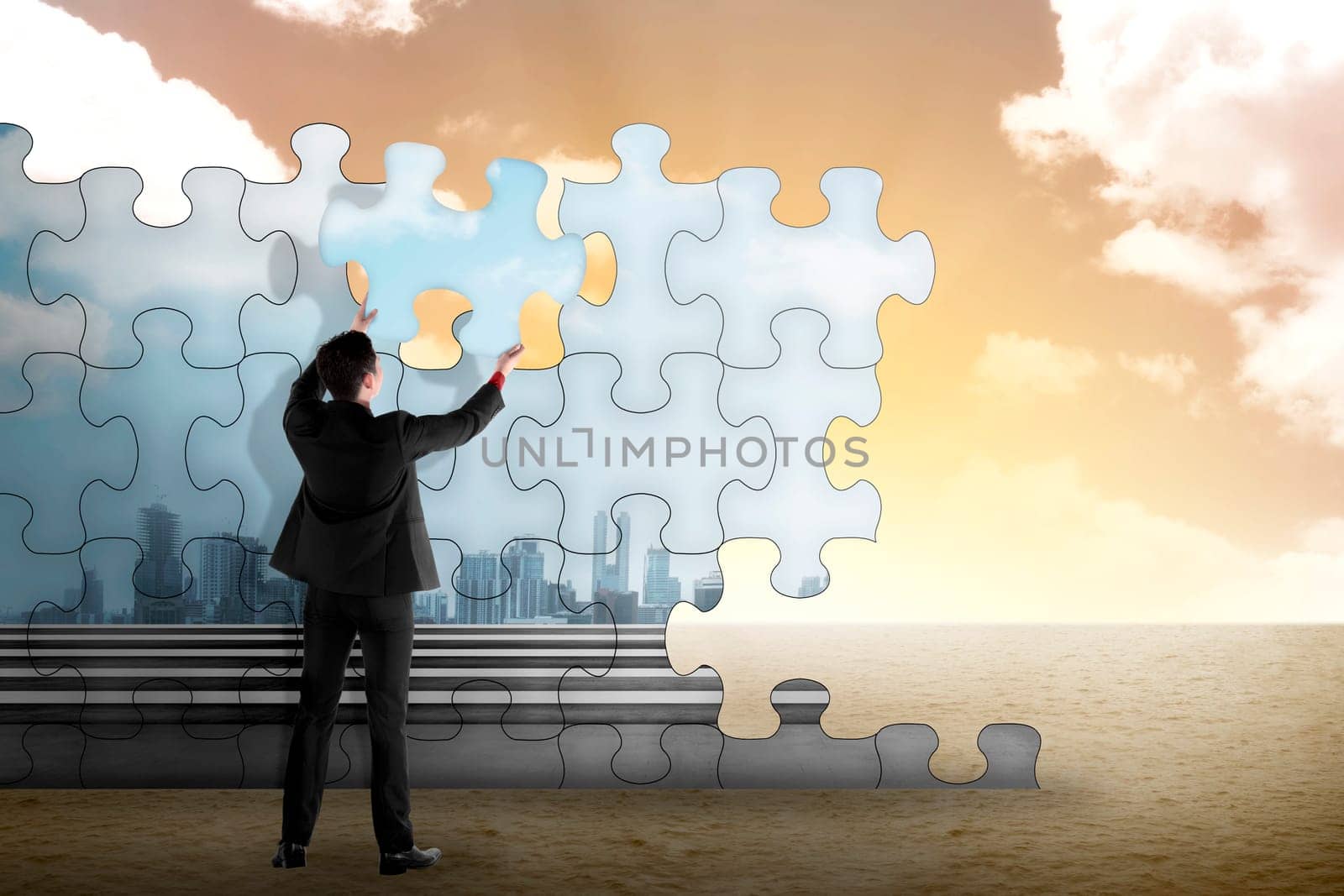 Business person building puzzle of city in the desert. Business building concept