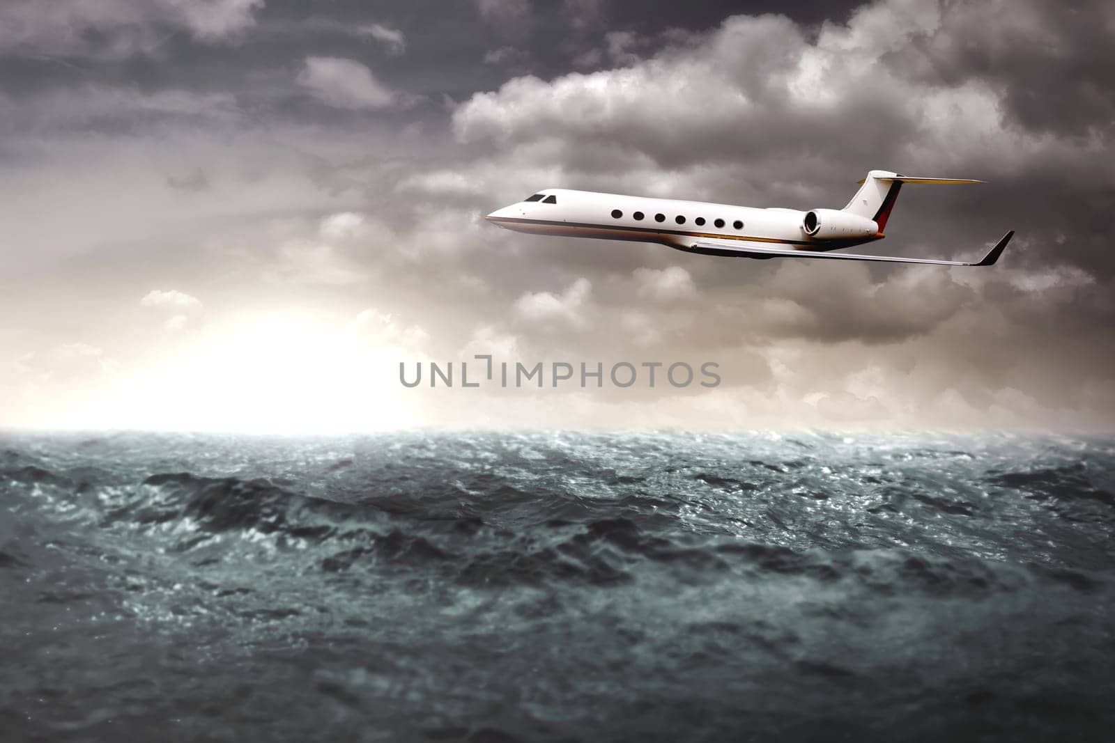 Private jet flying over the ocean. Business trip concept