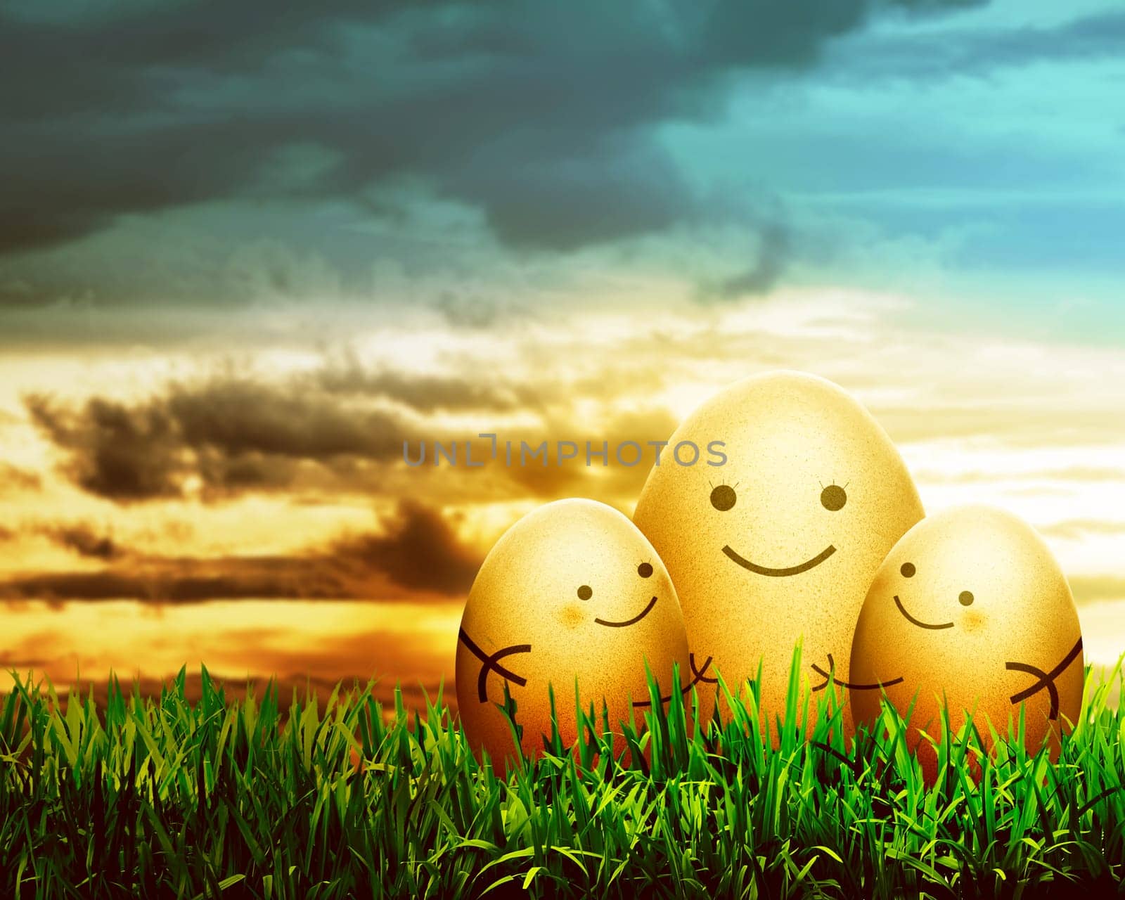 Three easter eggs with smile drawing put on the grass