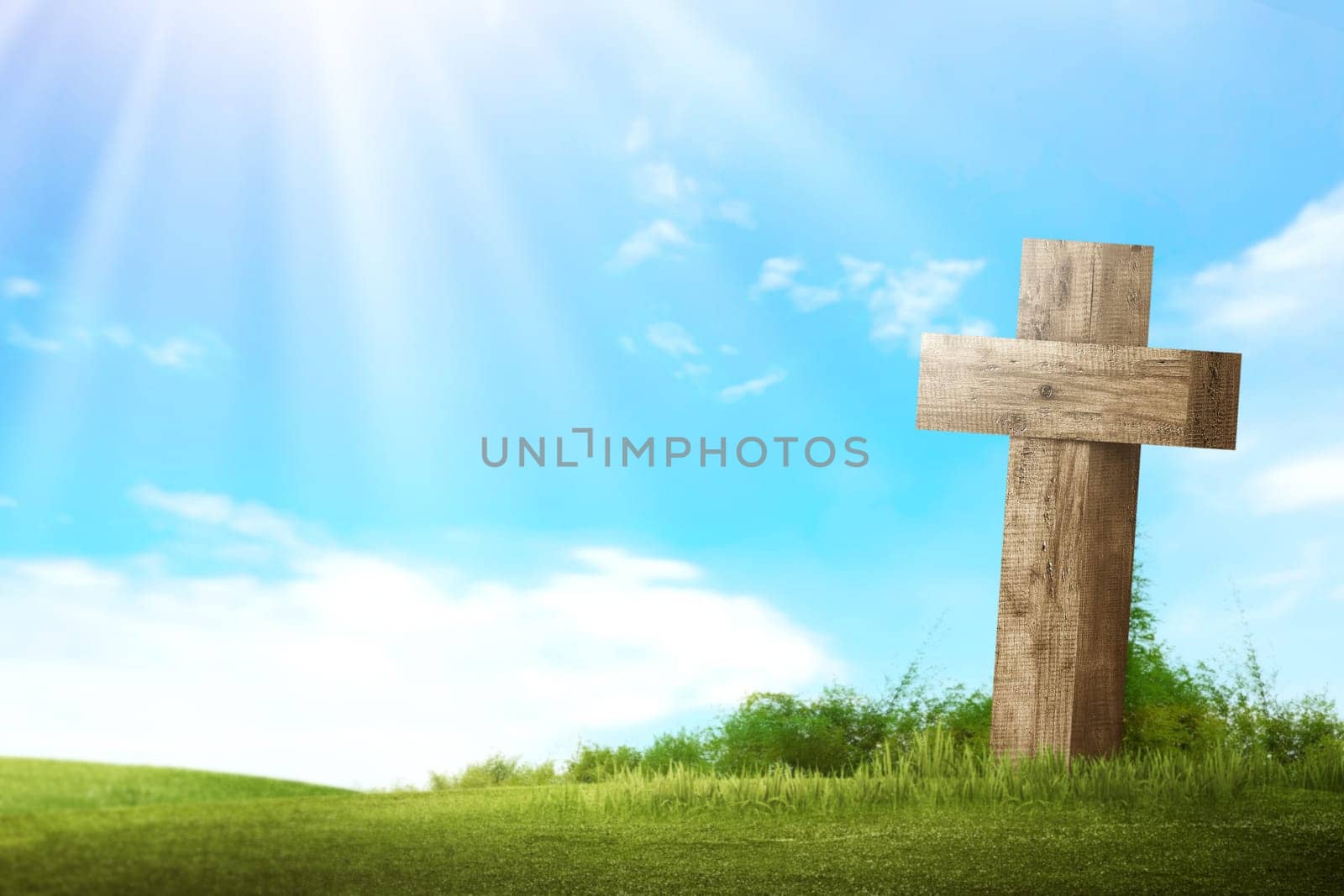 Wooden christian cross. Religious concept image