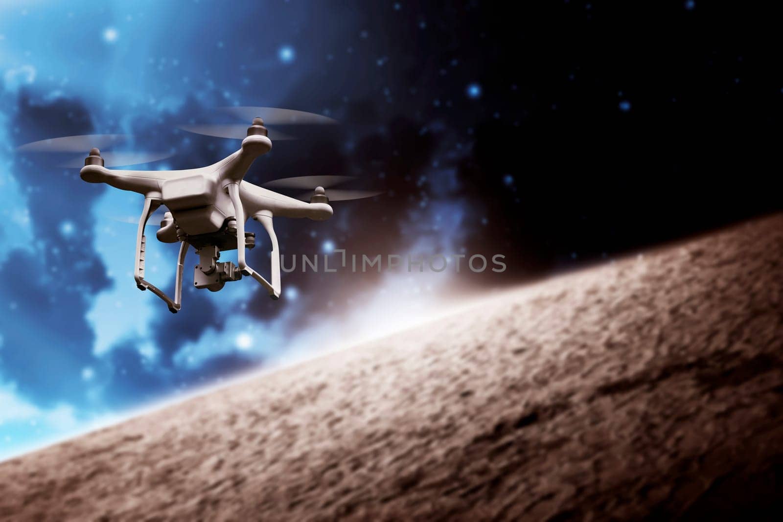 White small drone flying on the outer space