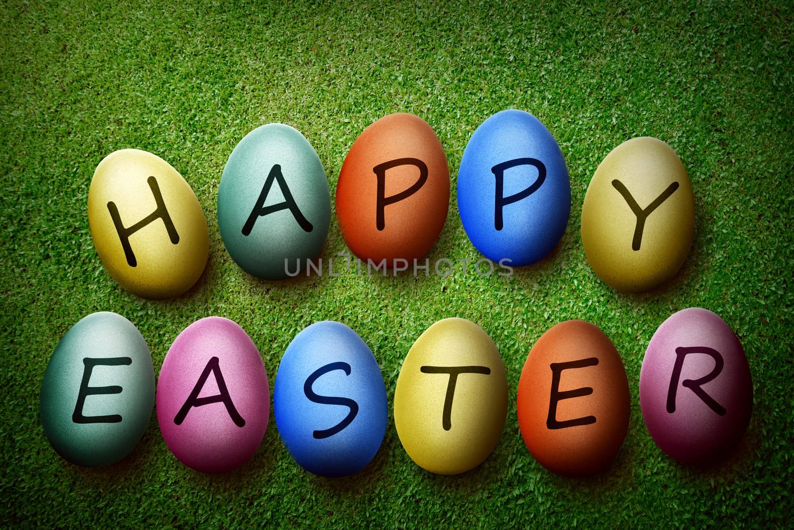 Colorful egg with happy easter typing. Happy easter concept
