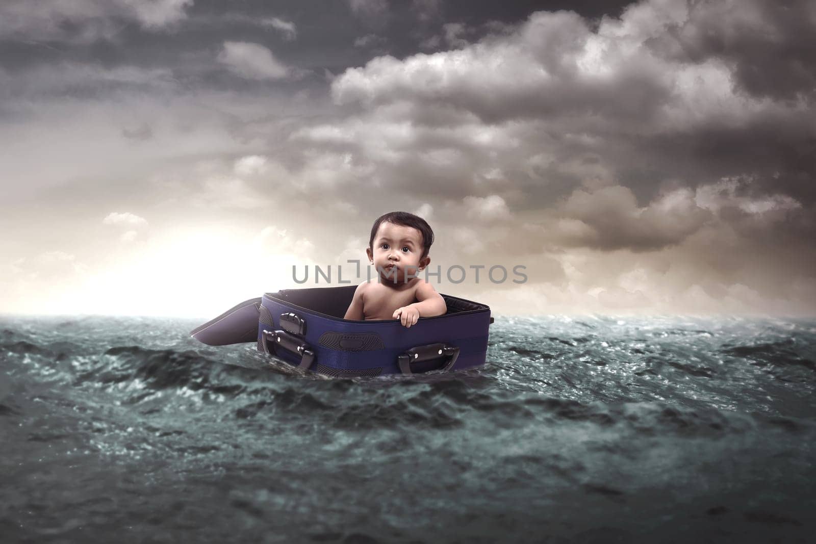 Cute little baby float inside suitcase in the middle of the sea