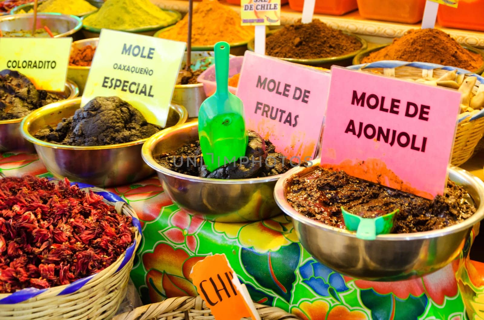 Different types of mole and spices in marketplace in downtown Oaxaca, Mexico