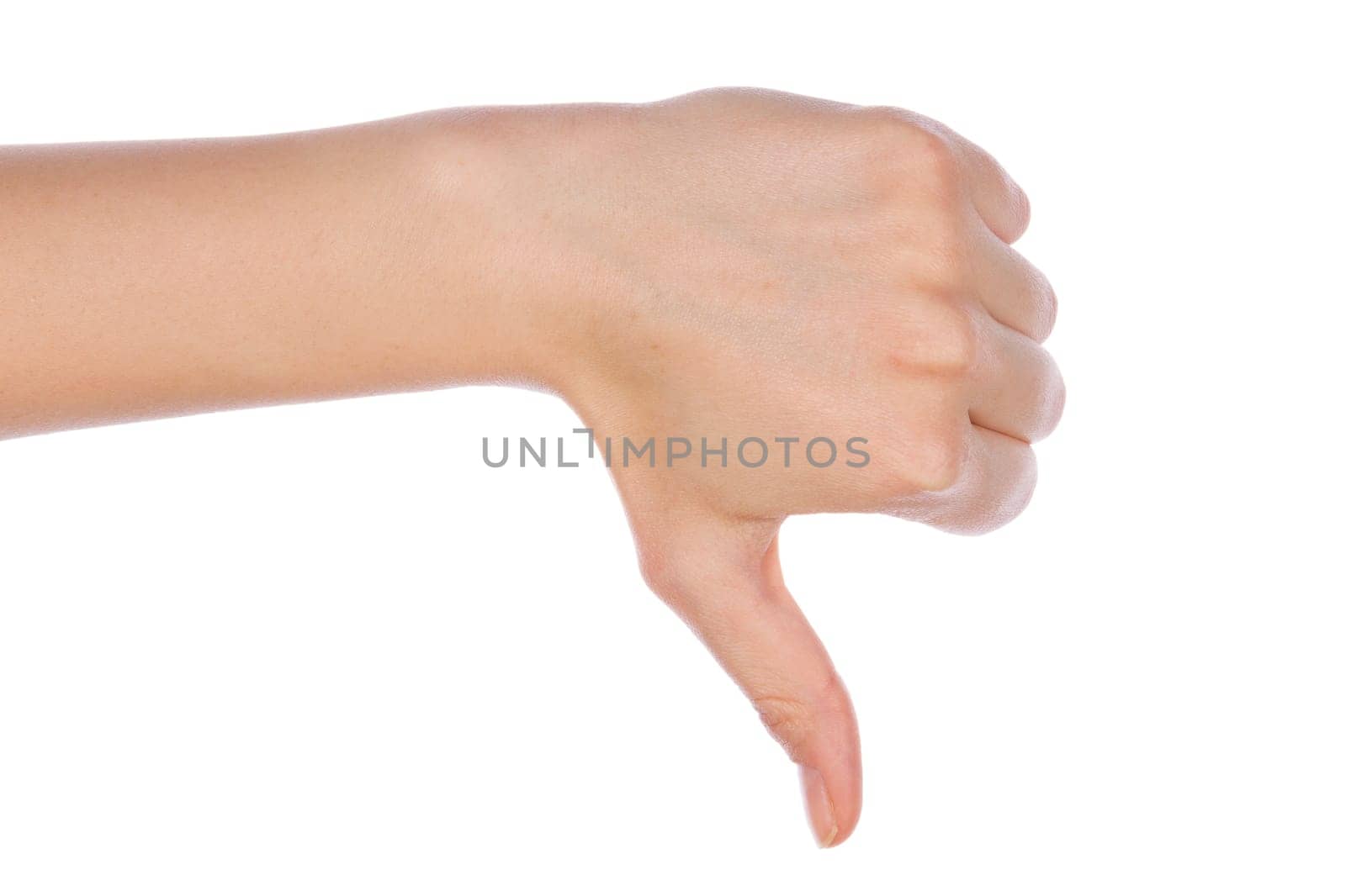 Girl hand showing thumb down failure hand sign gesture. Gestures and signs. Body language on white background