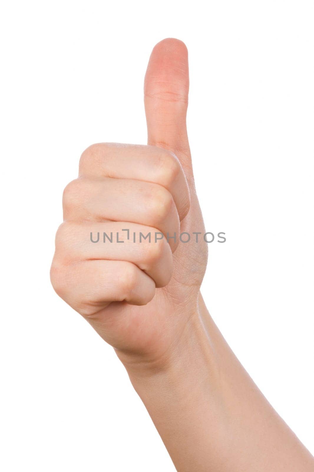 Girl hand showing thumb up, hand sign gesture. Gestures and signs. Focus on finger