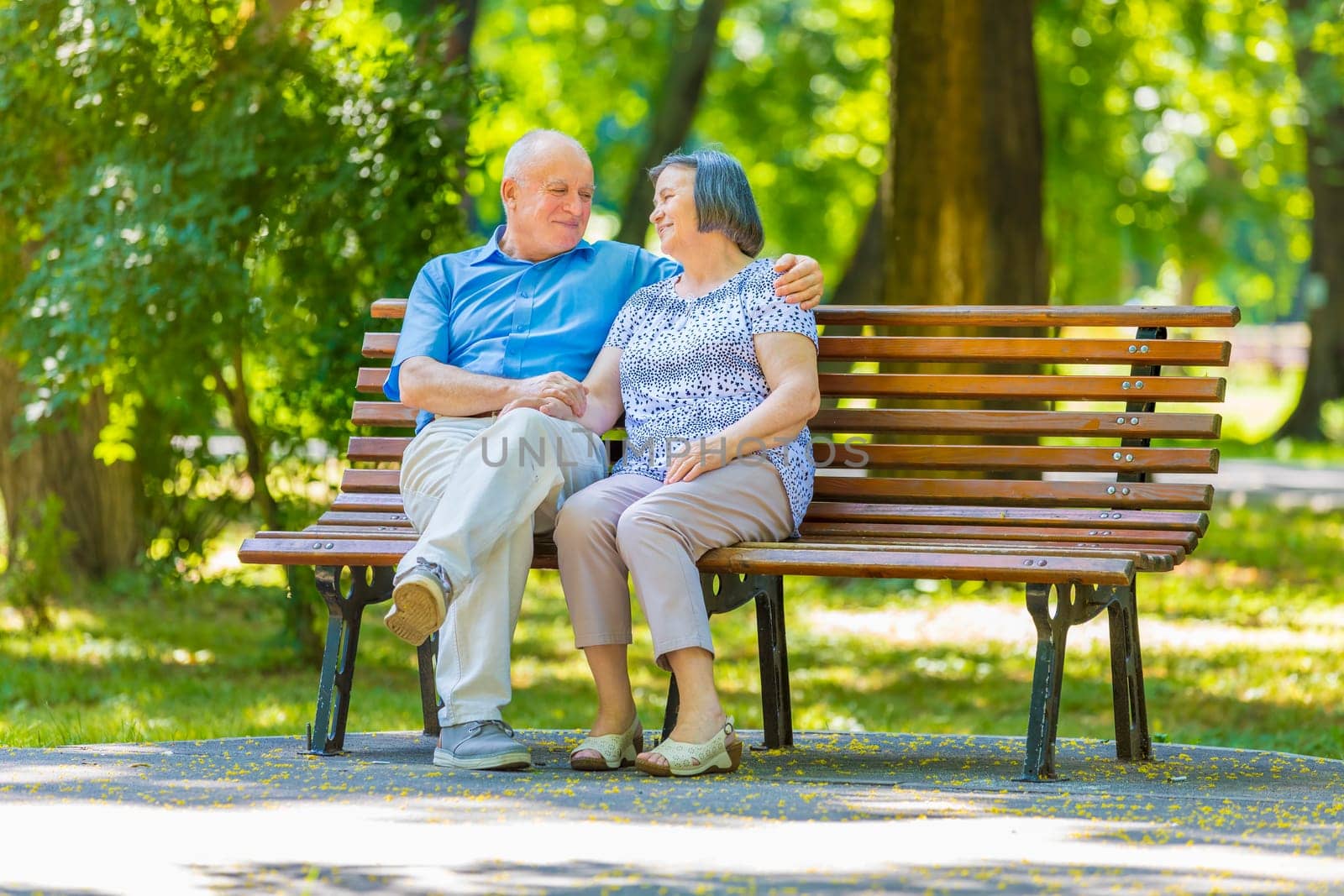 Senior couple talking while sitting on bench in summer park.