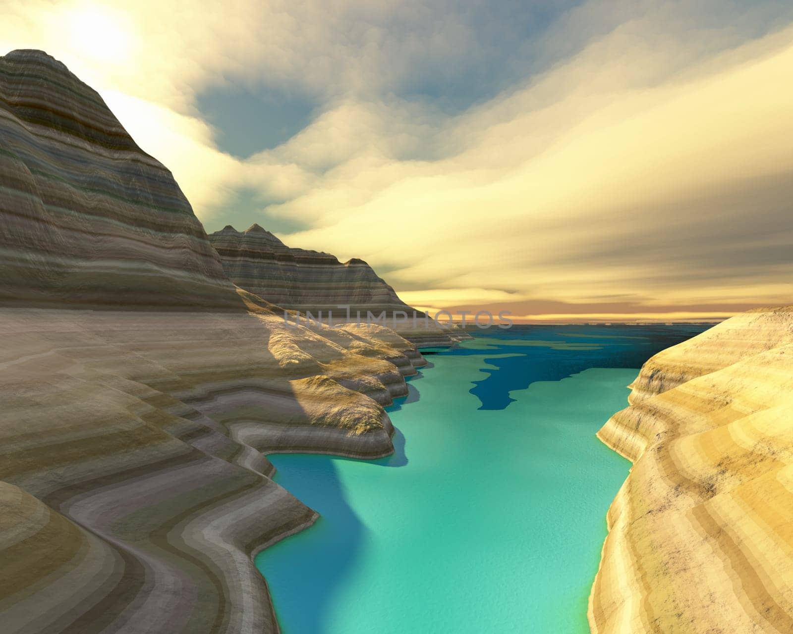 A canyon river with crystal clear blue water flows out into a large lake.