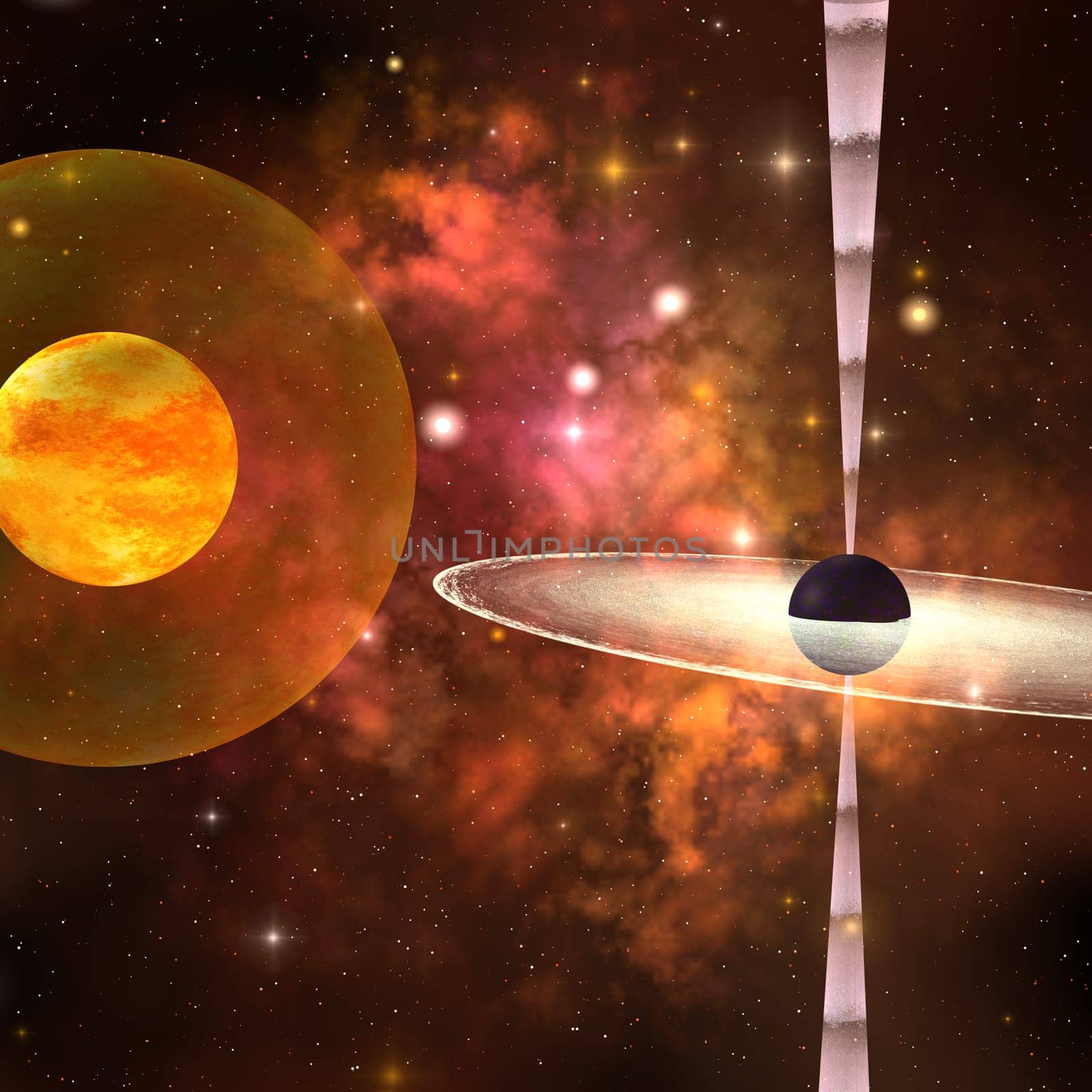A black hole sends out streams of energy from its event horizon.