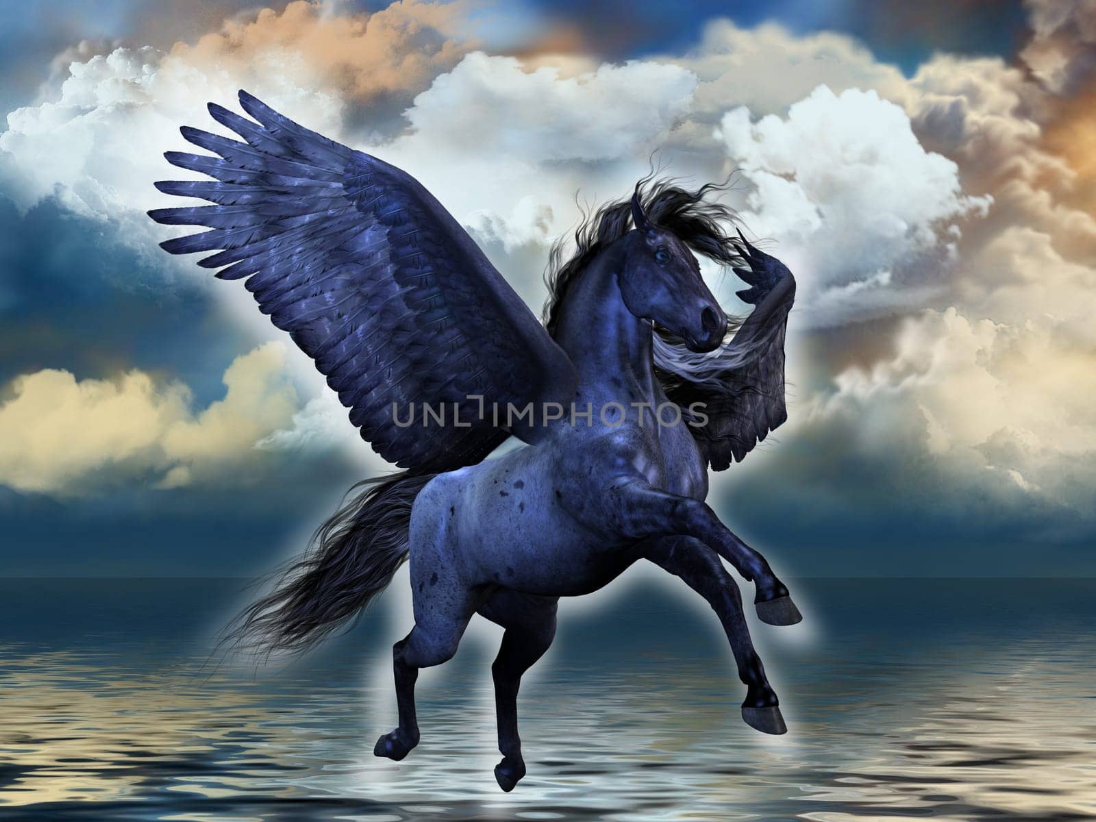 A black Pegasus roan stallion flies over the waters of the ocean.