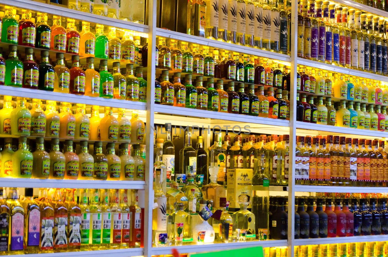 OAXACA, MEXICO -.MARCH 5: Different types of mezcal bottles in a marketplace in Oaxaca, Mexico on March 5, 2017