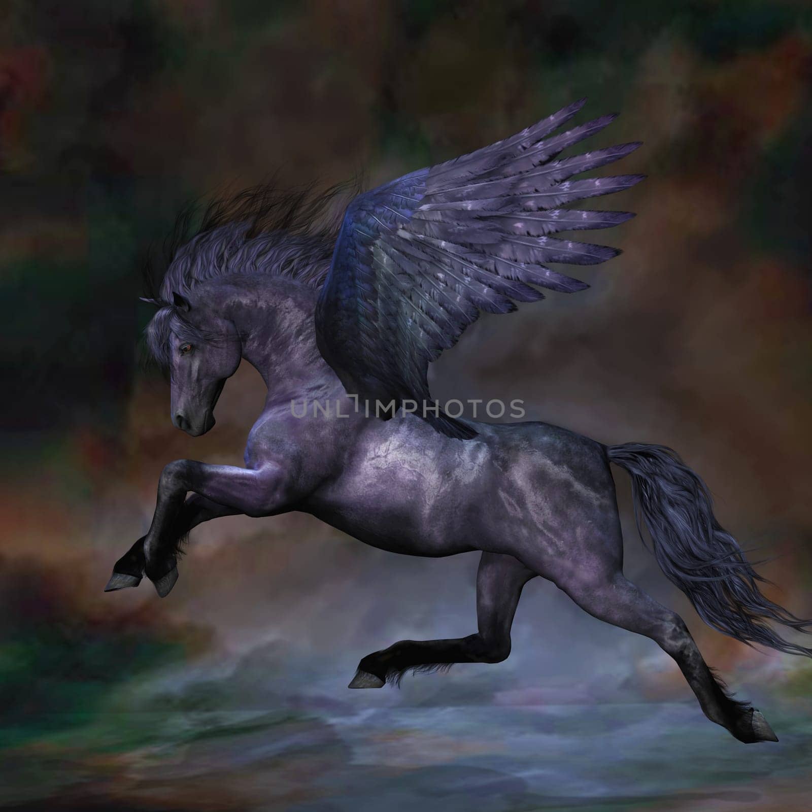 A Pegasus stallion with a black shiny coat flies over the waters of the ocean.