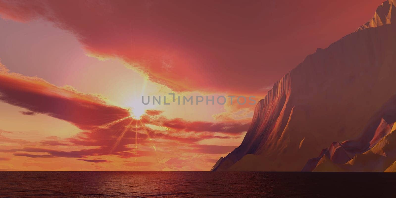 Mountains rise steeply from ocean waters that glow under a beautiful sunset.
