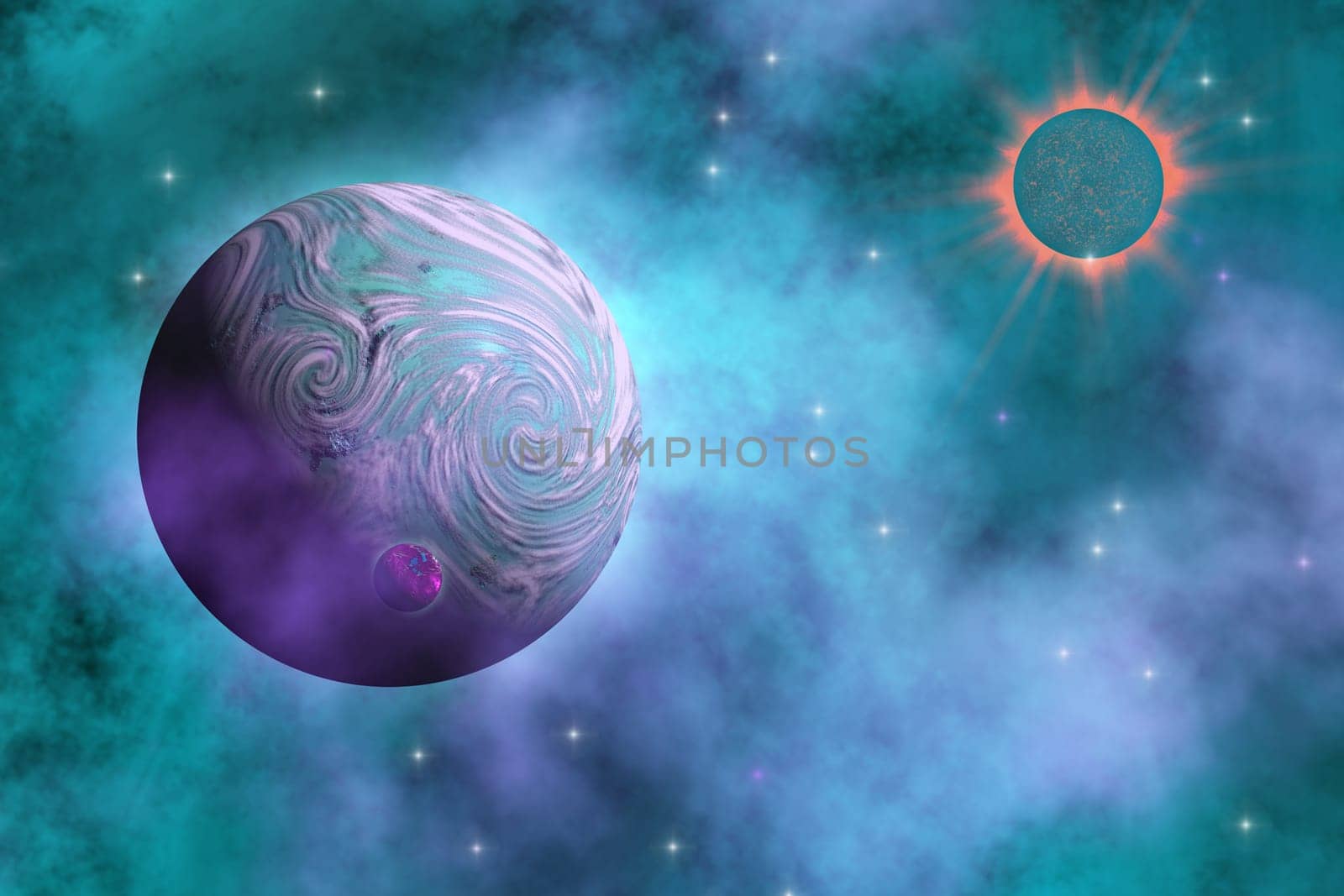 A planet and its moon form from intestellar dust, material and gasses.