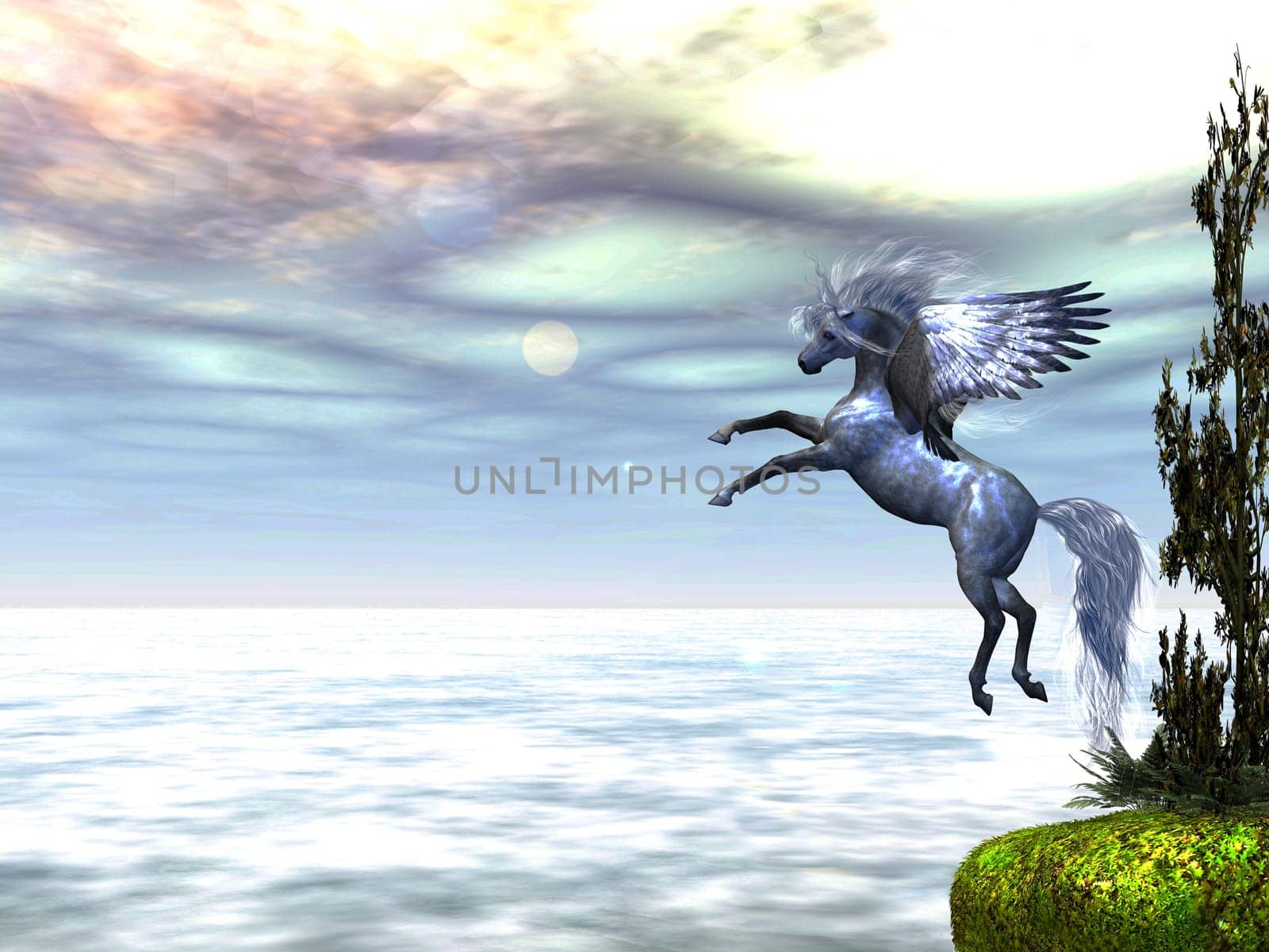 A white Pegasus rises on silver wings up into the sky over the ocean.