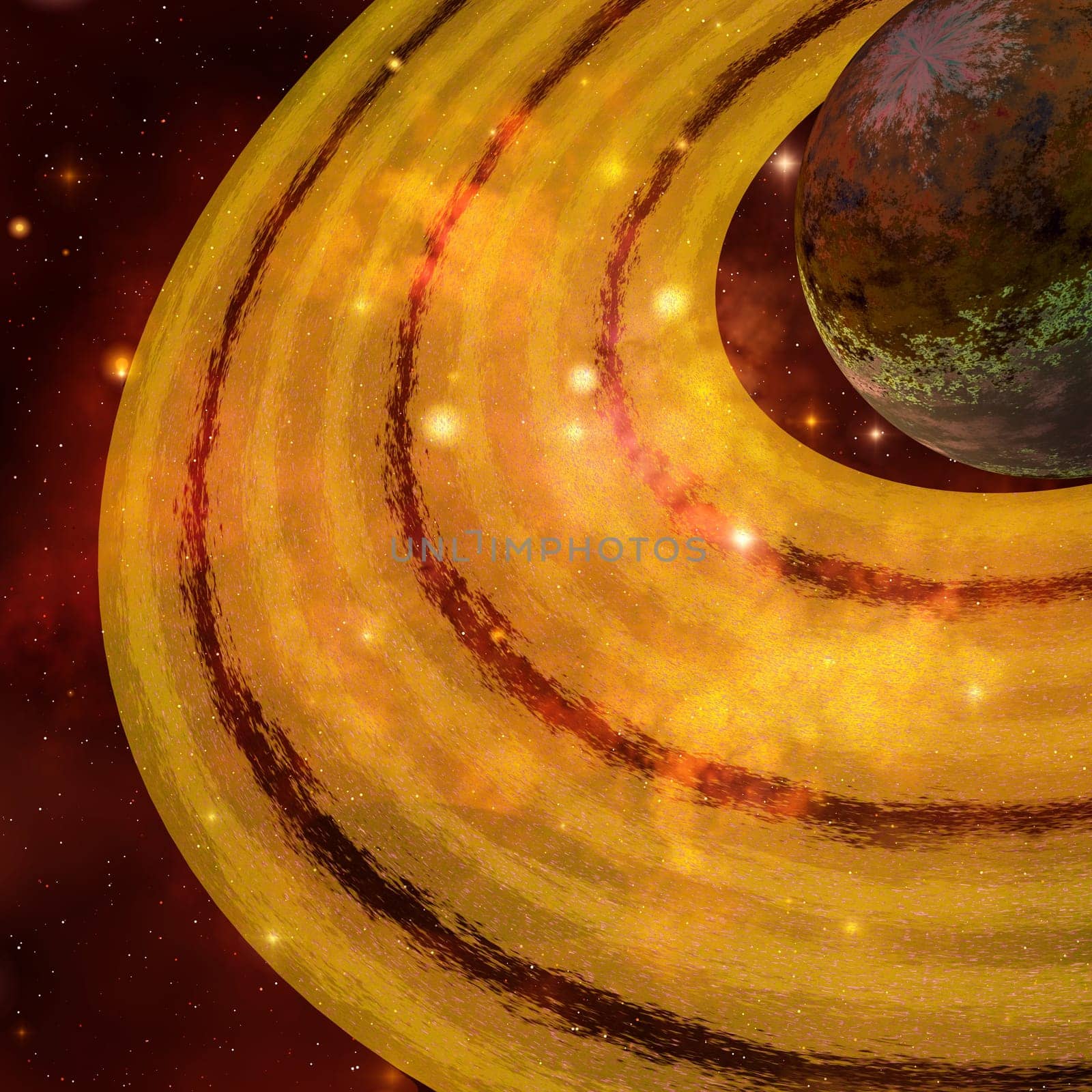 A planet in the cosmos has golden rings in orbit around it.