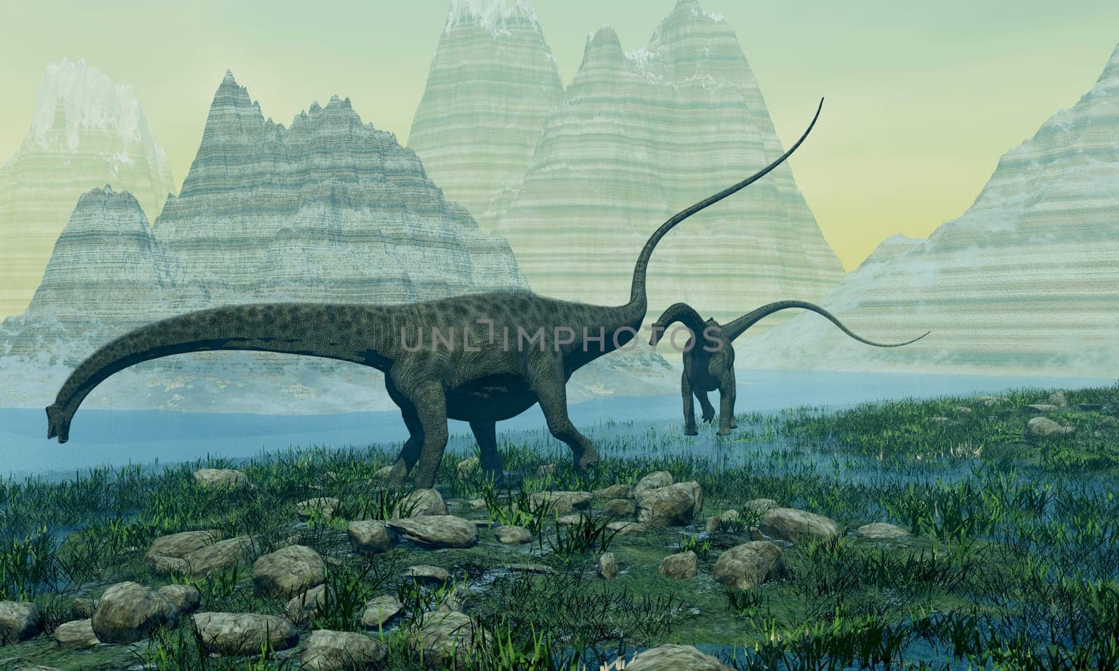 Two Diplodocus dinosaurs browse in a swampy area and keep each other company.