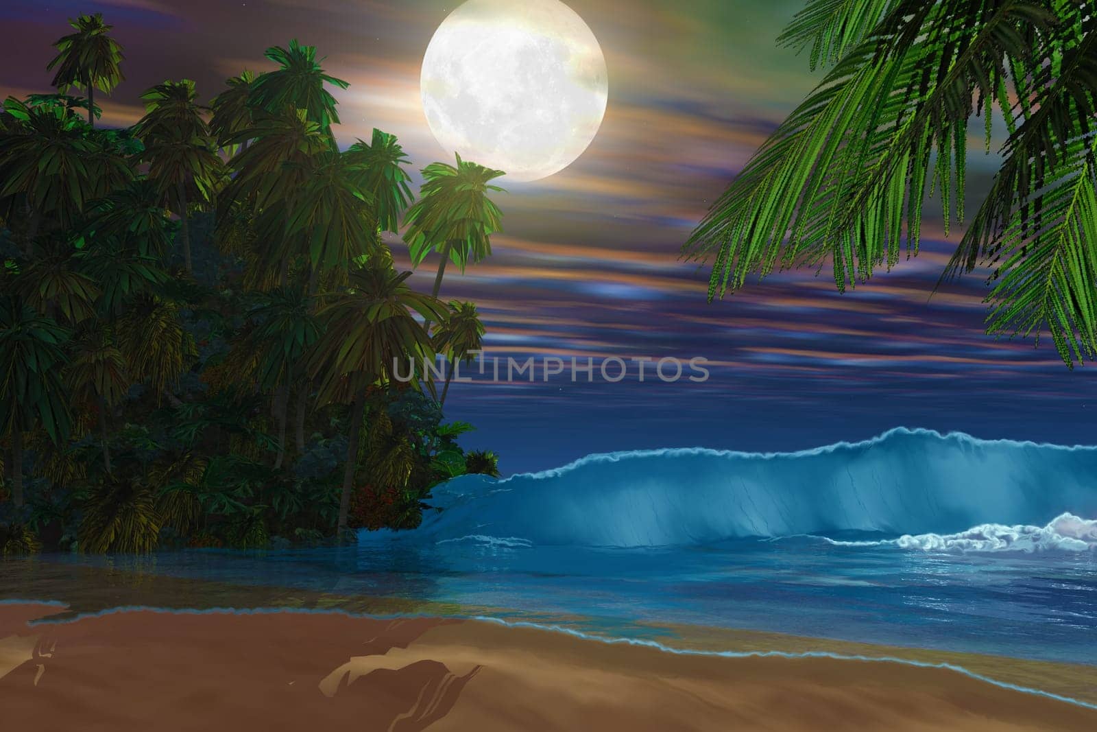 A vibrant beach glows under the moonlight off an ocean coastline.