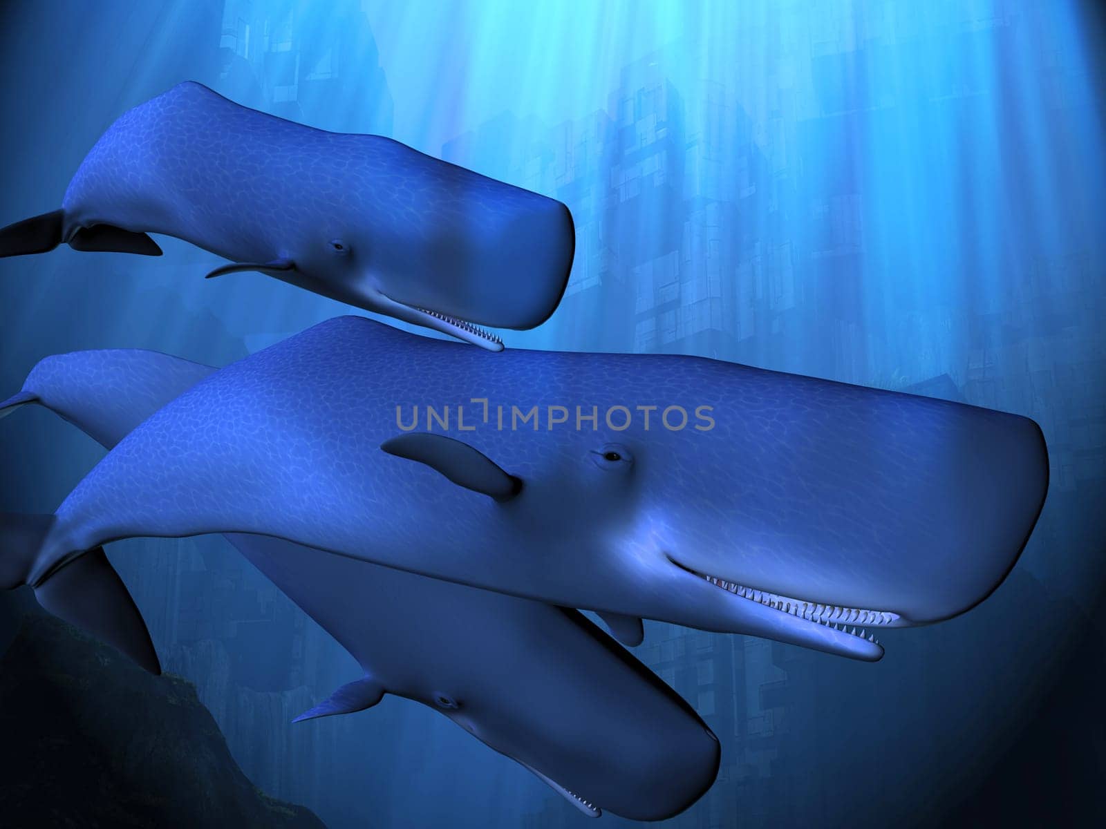 A pod of Sperm whales swim past ruins of city buildings in the deep ocean.
