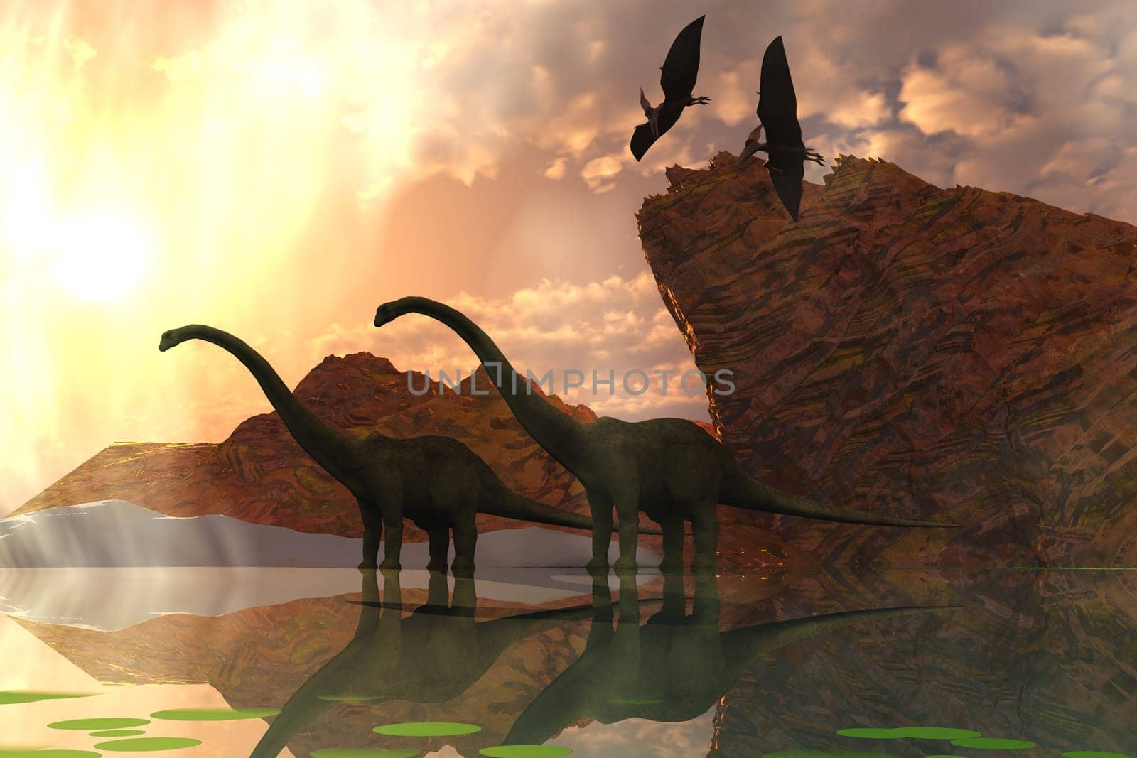 Dawn finds two flying Pterosaurs looking at two Diplodocus dinosaus in a swampy area.
