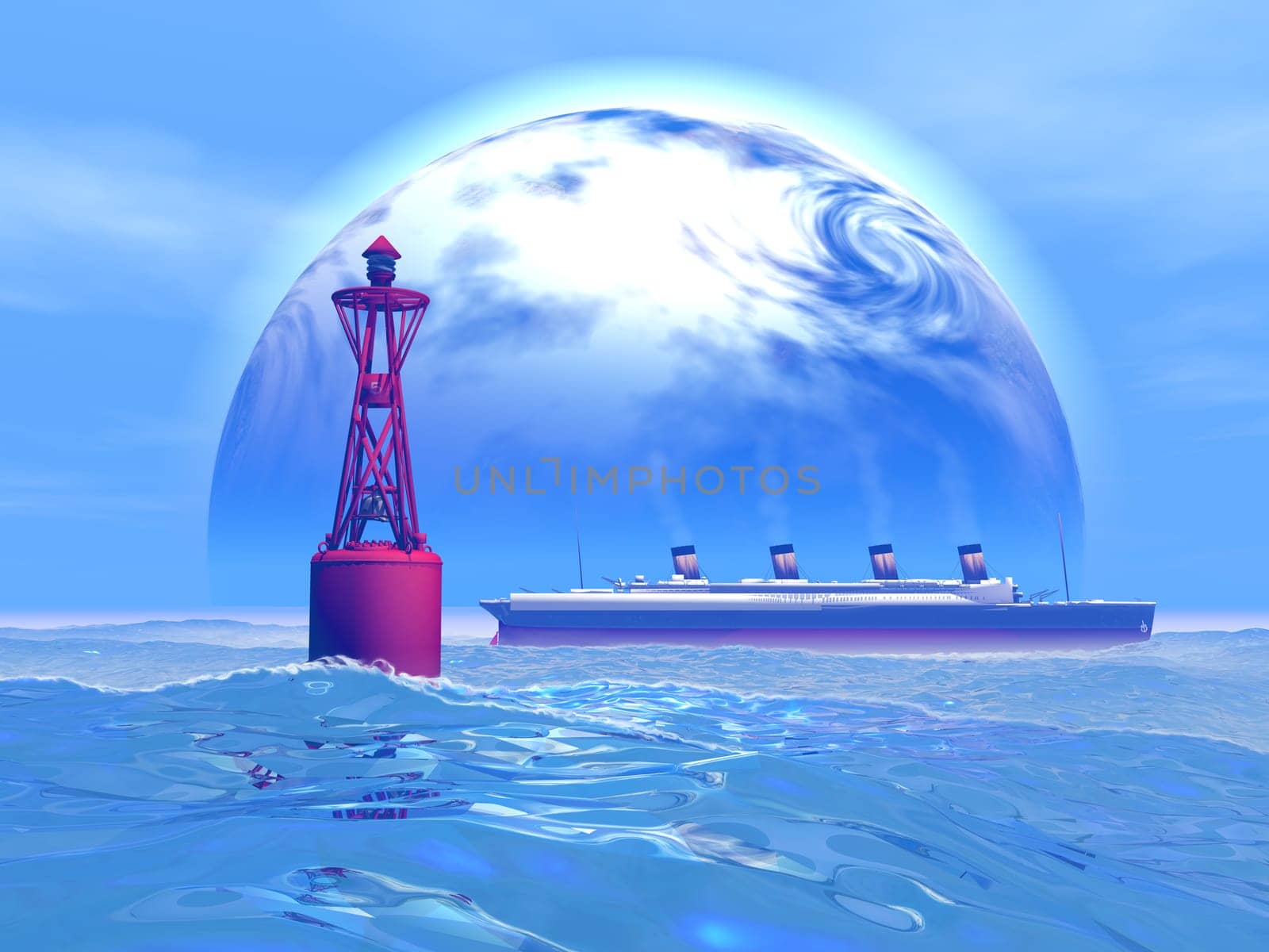 A large moon rises as the Titanic ship passes a red bouy on the open ocean.