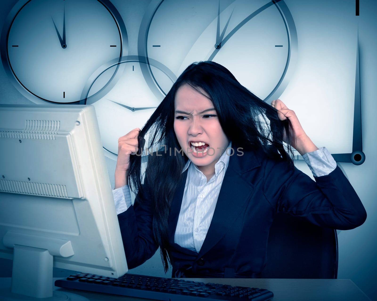 Asian business get angry because overtime work. Business overtime conceptual