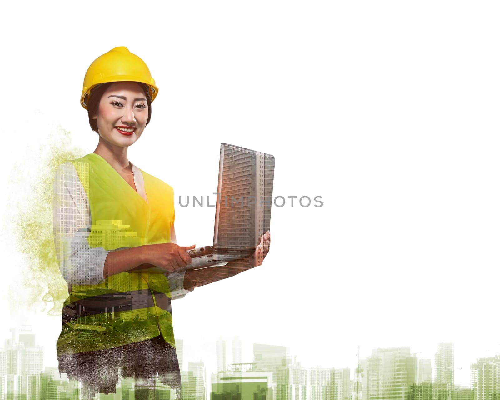 Double exposure of business woman in safety vest working with laptop