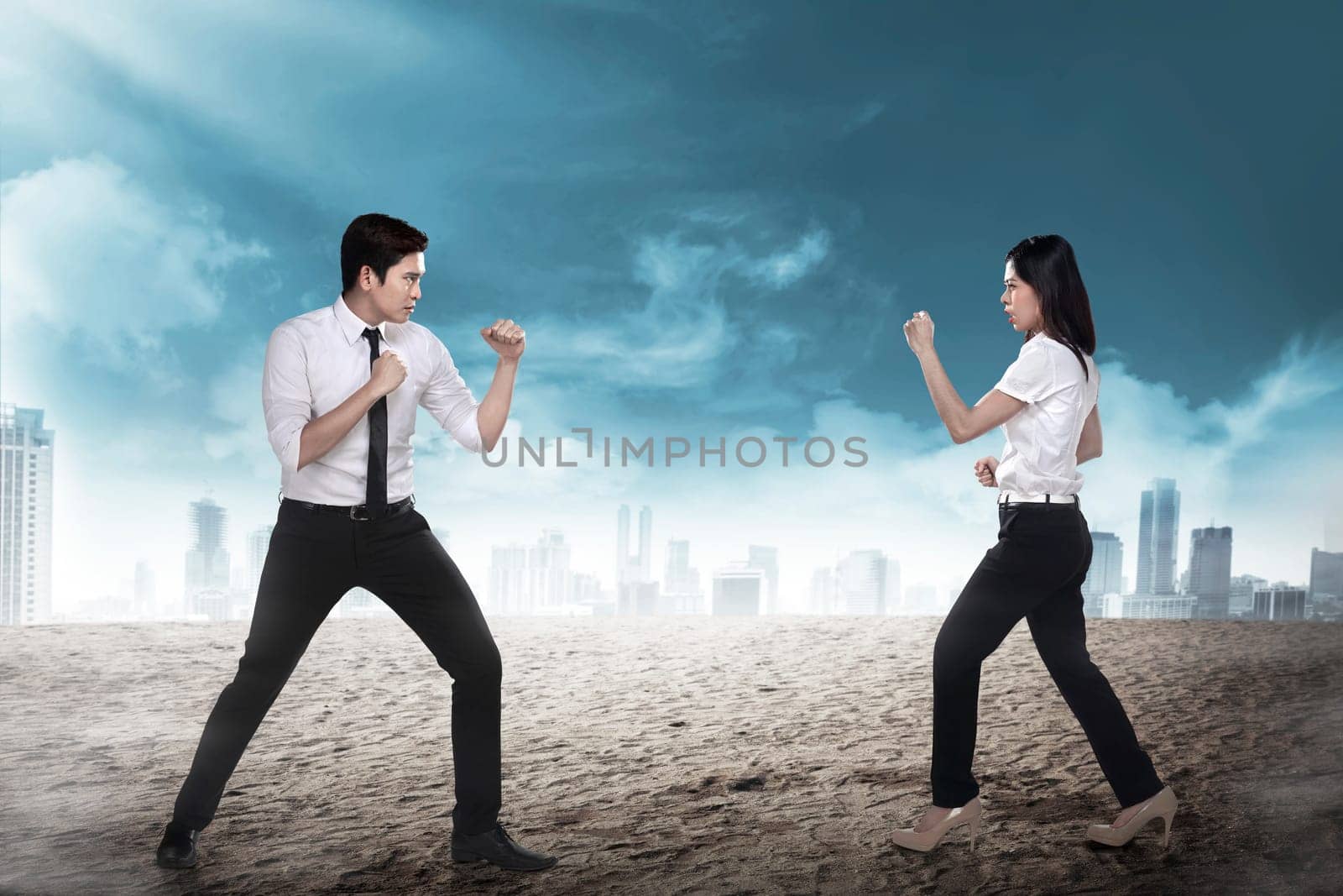 Business man and woman fighting. Working competition concept