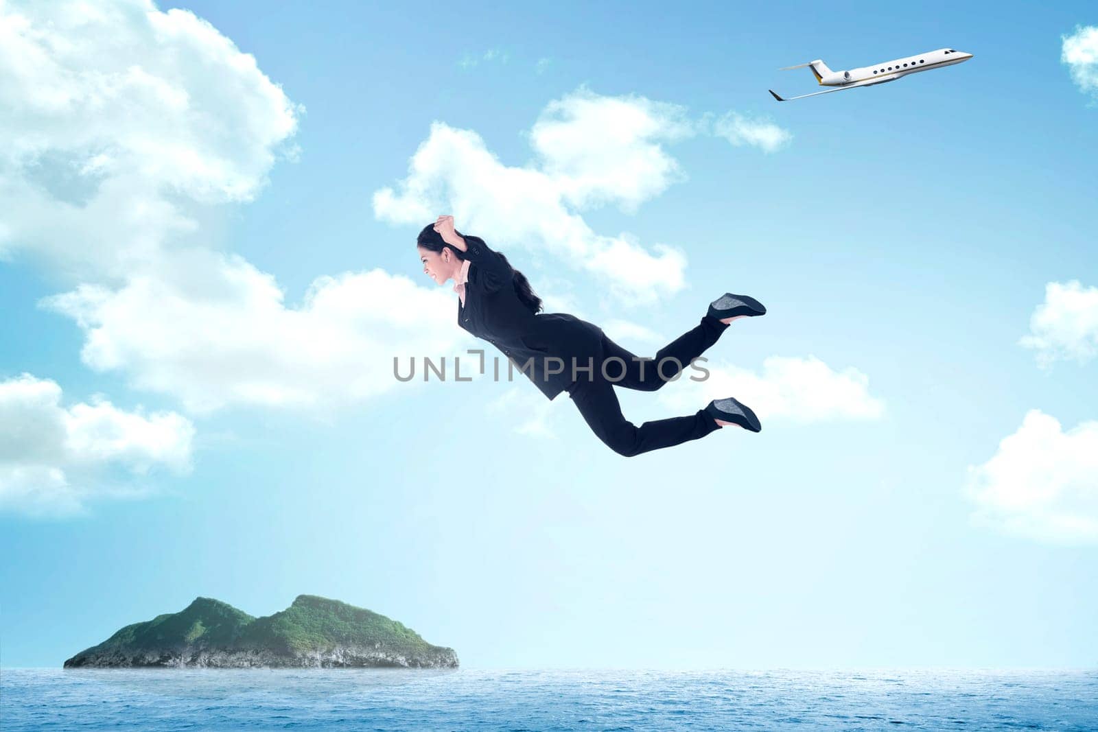 Business woman jumping from airplane to the island