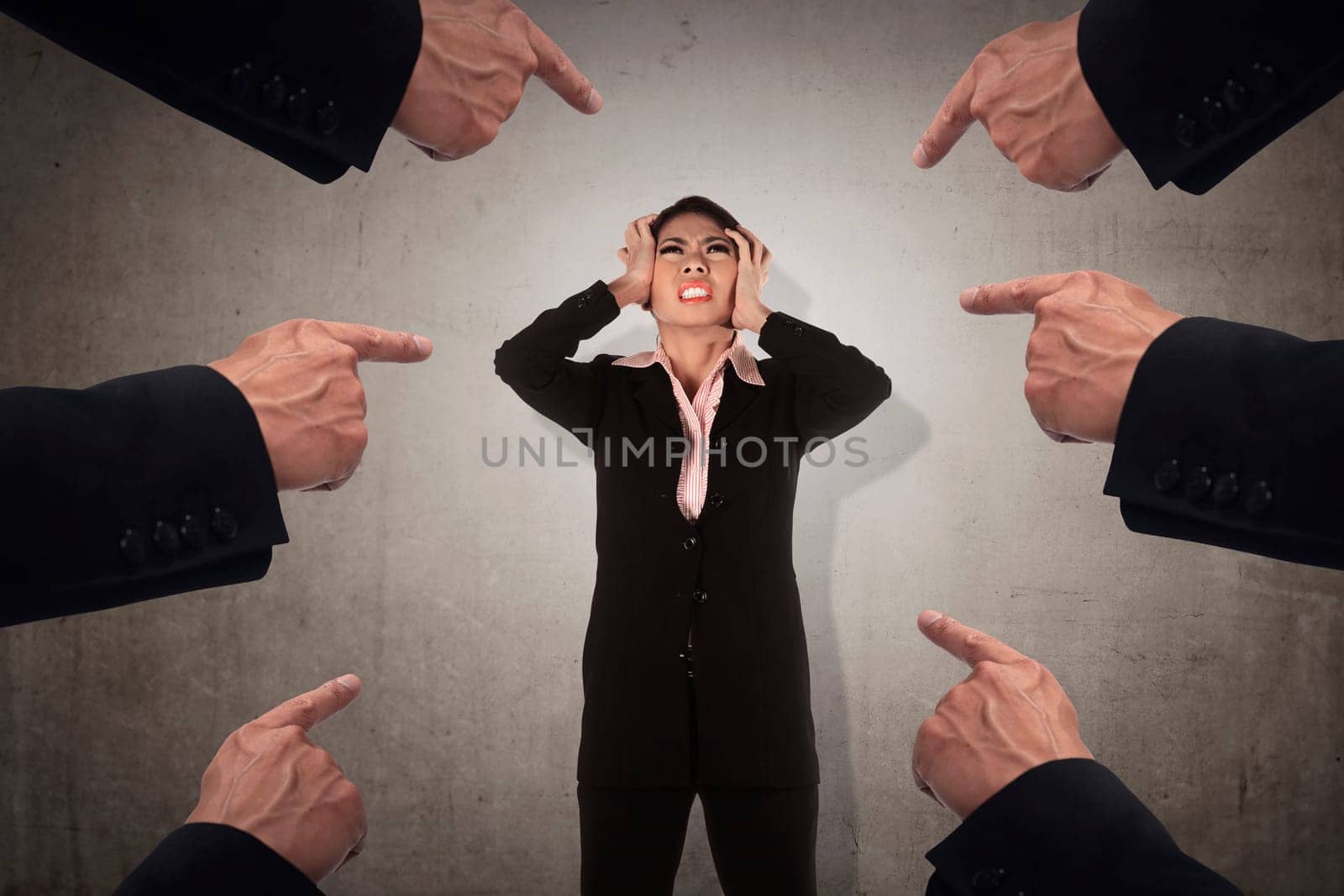 Concept of accused business woman with fingers pointing