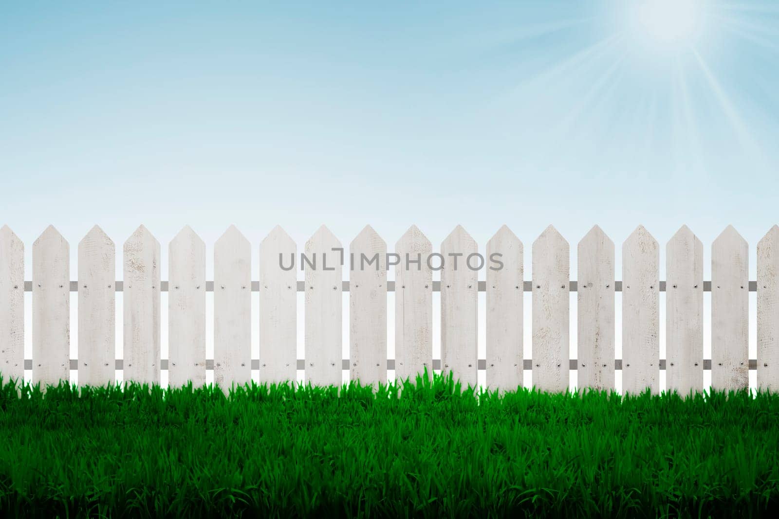 Fence background with green grass and blue sky