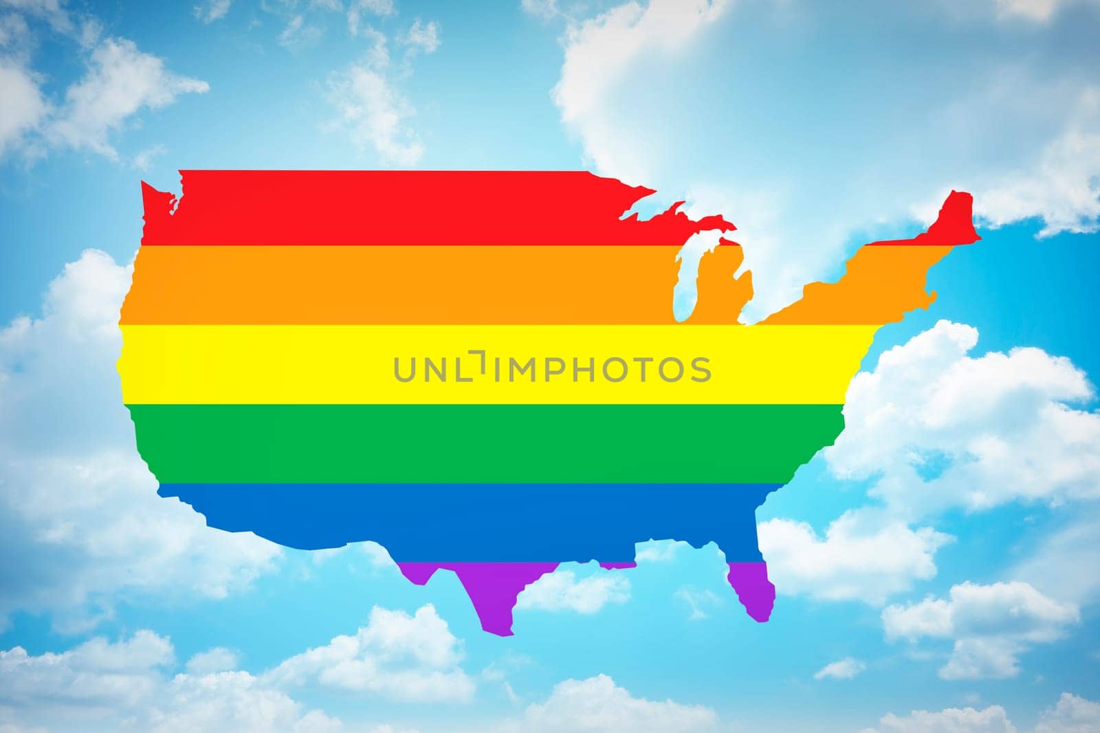 Rainbow flag on United states of america with blue sky background. Gay marriage is legal nationwide