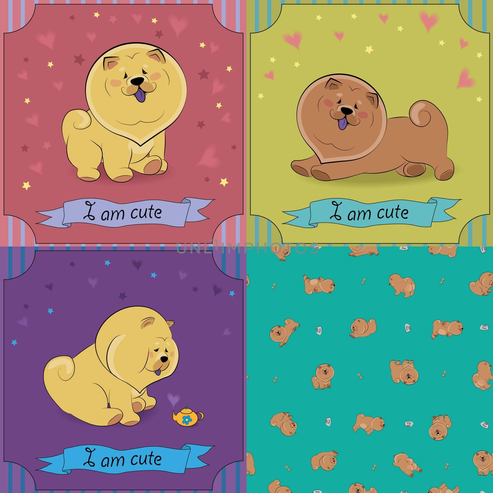 Set of cartoon dogs Chow-chow. Colorful vintage cards with funny pets. Seamless pattern with brown dogs. illustration. Banners for custom text