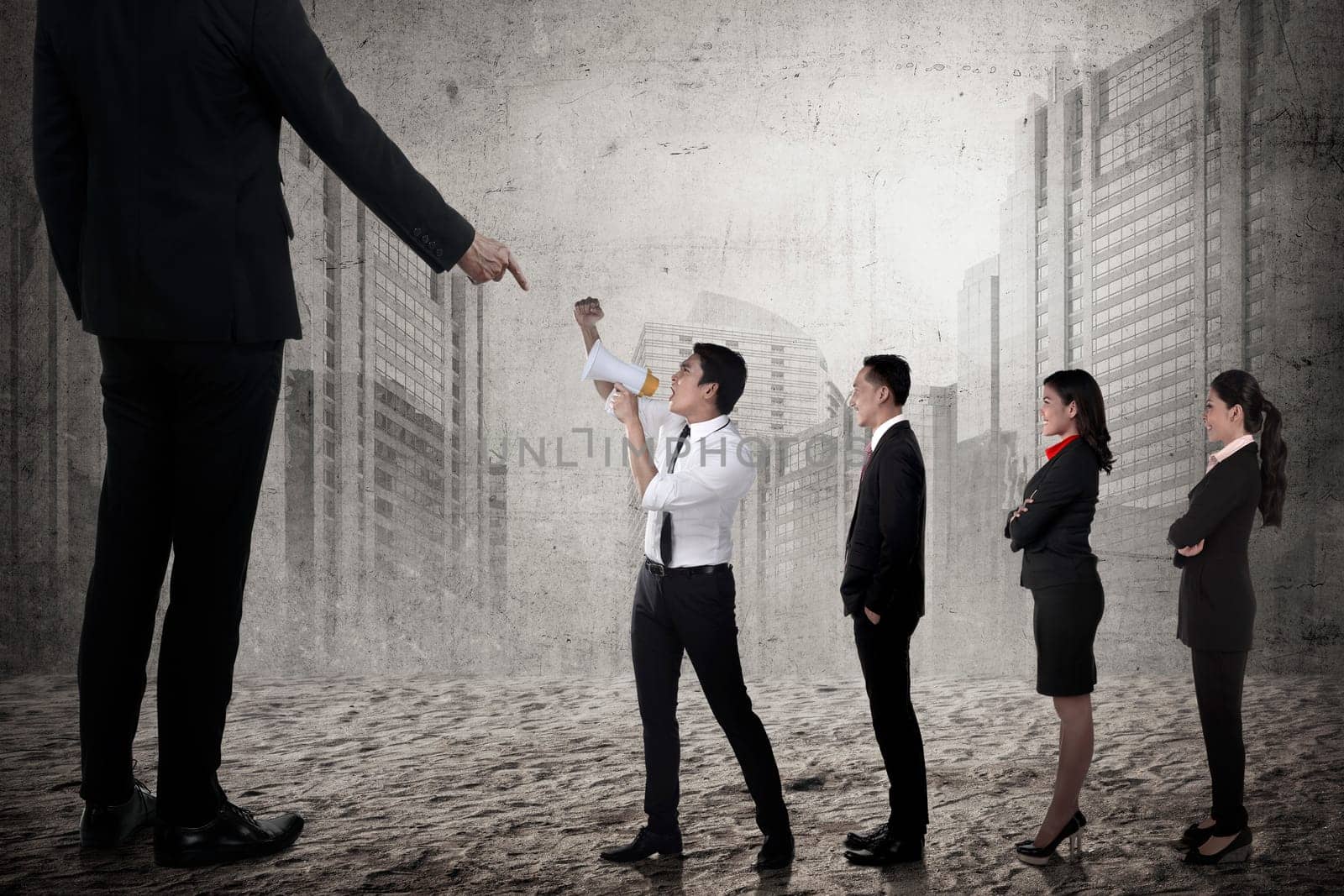 Business team protest to the boss using megaphone. Business communication concept