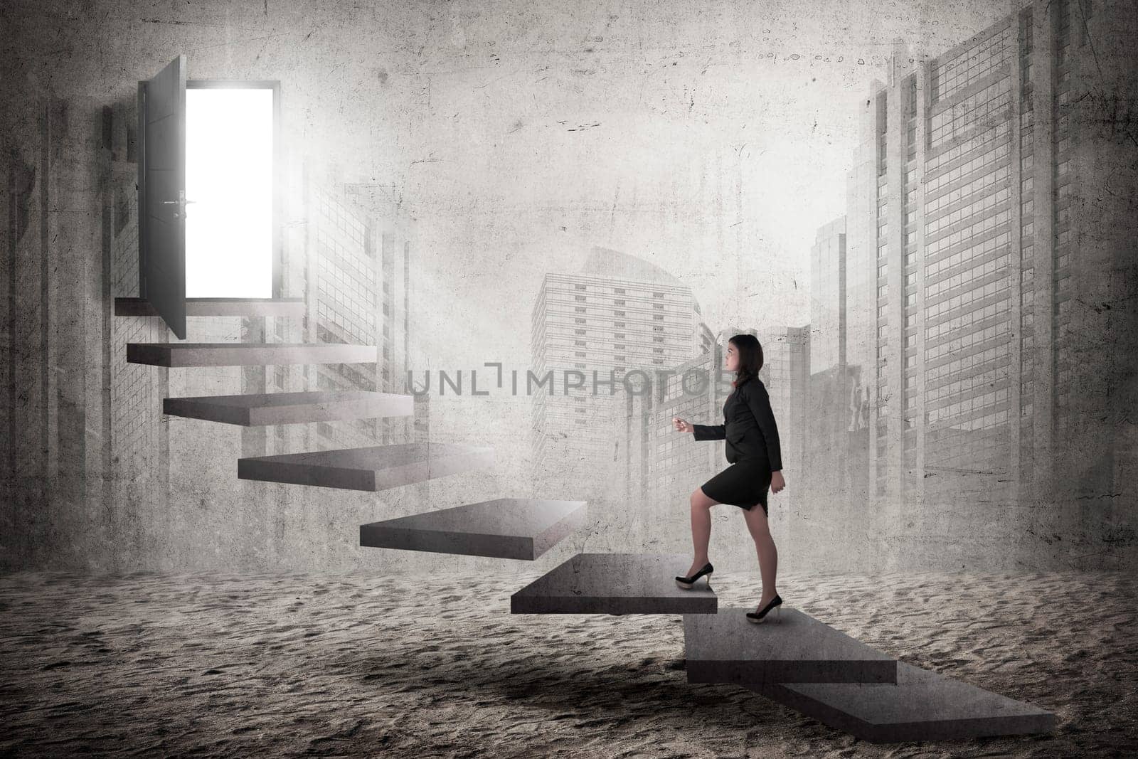 Asian business woman step up the stair. Business promotion concept