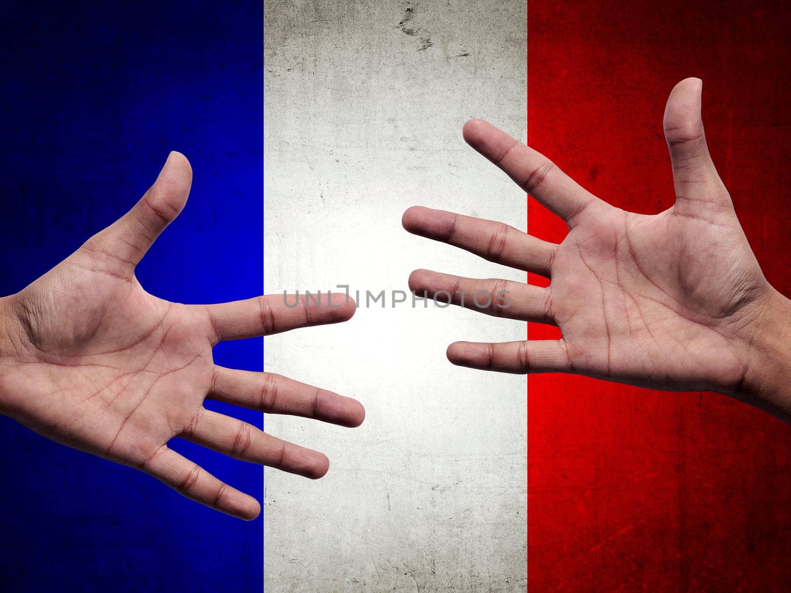 Support and assistance human hands over france flag background