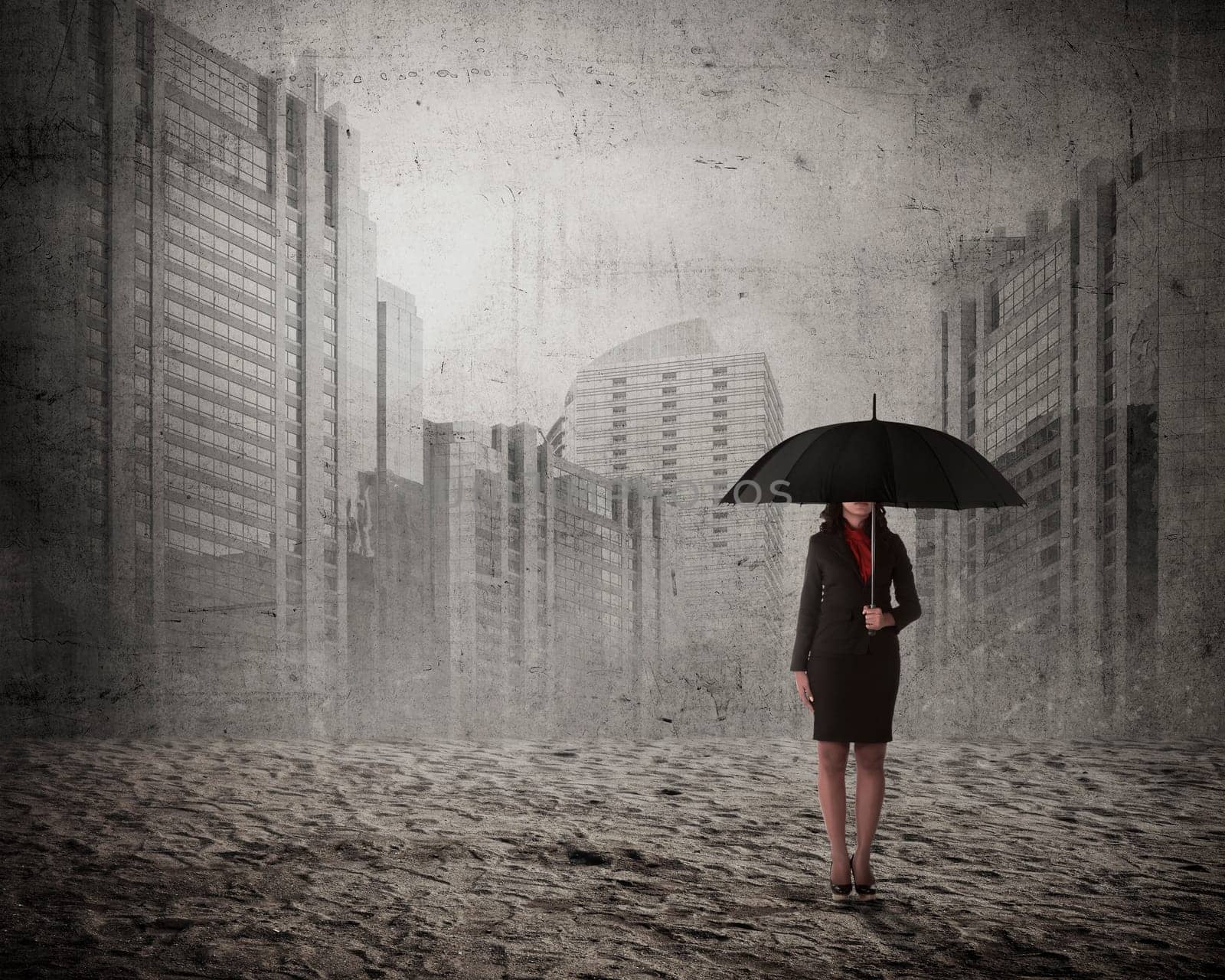 Asian business woman holding umbrella over city background