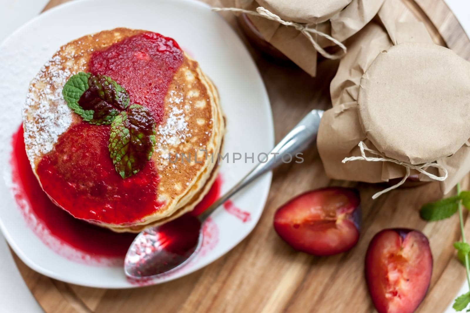 pancakes with plum jam delicious american breakfast