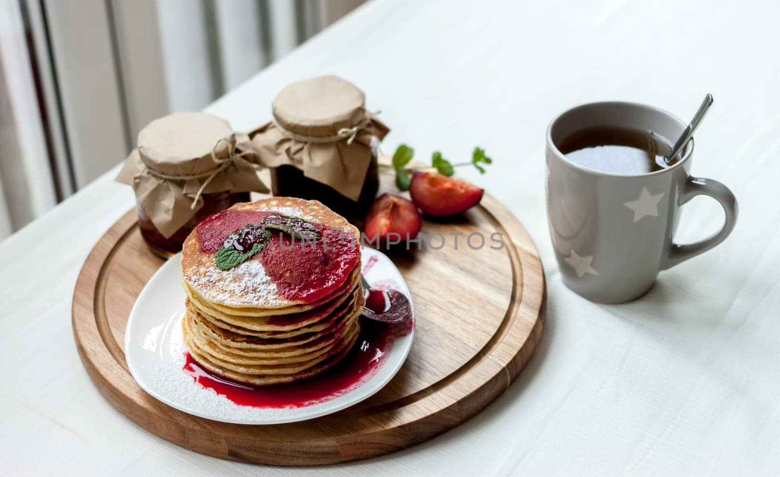 pancakes with plum jam delicious american breakfast