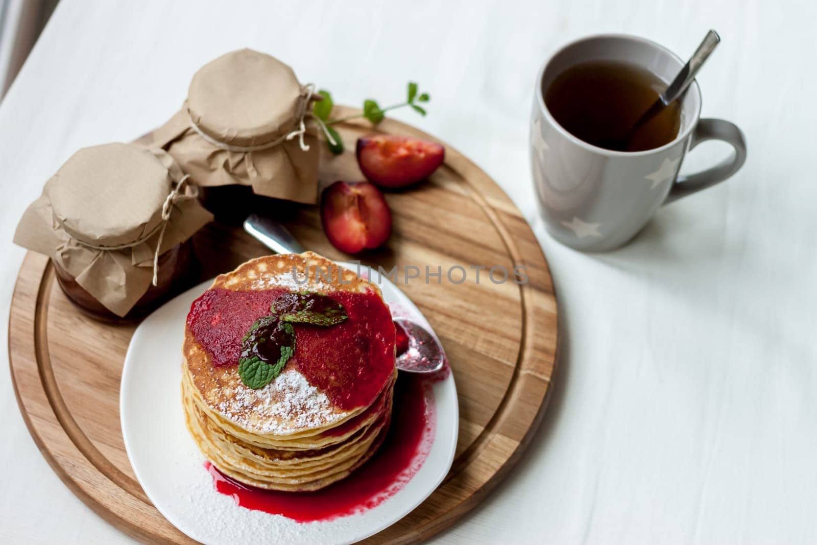 pancakes with plum jam delicious american breakfast