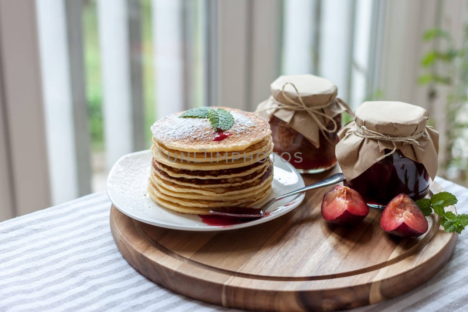 pancakes with plum jam delicious american breakfast