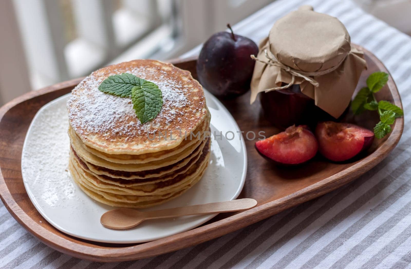 pancakes with plum jam delicious american breakfast