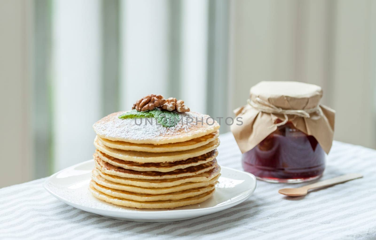 pancakes with plum jam delicious american breakfast